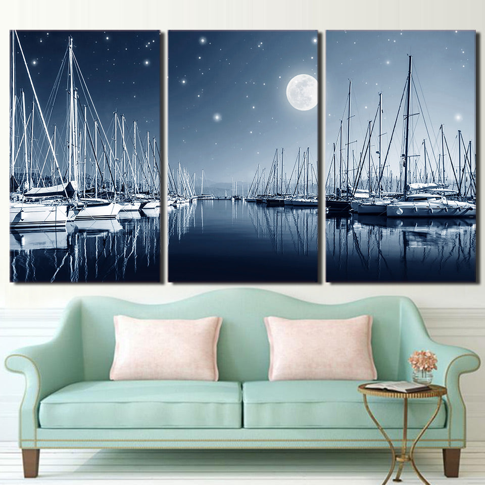 3 Panel Canvas Art Sailboats Moon Night Canvas Painting Wall Art Canvas Poster and Print Wall Pictures for Living Room ny-6636D