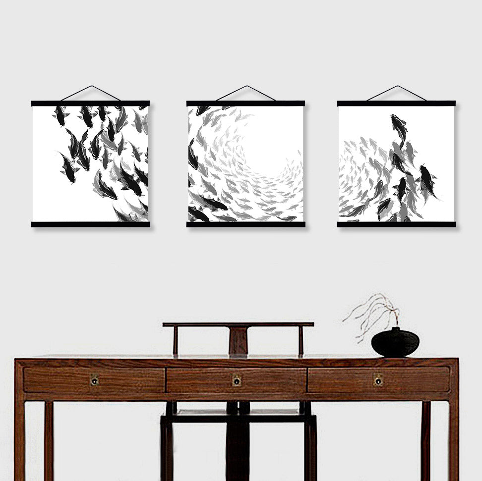 Oriental Black White Chinese Ink Calligraphy Fish Wooden Framed Canvas Paintings Home Decor Wall Art Print Picture Poster Scroll