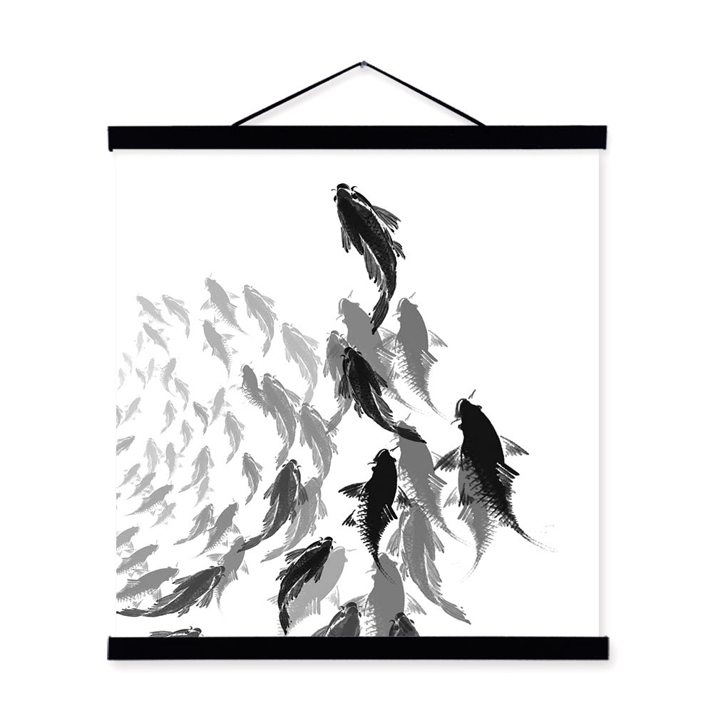 Oriental Black White Chinese Ink Calligraphy Fish Wooden Framed Canvas Paintings Home Decor Wall Art Print Picture Poster Scroll