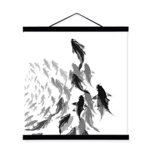 Load image into Gallery viewer, Oriental Black White Chinese Ink Calligraphy Fish Wooden Framed Canvas Paintings Home Decor Wall Art Print Picture Poster Scroll
