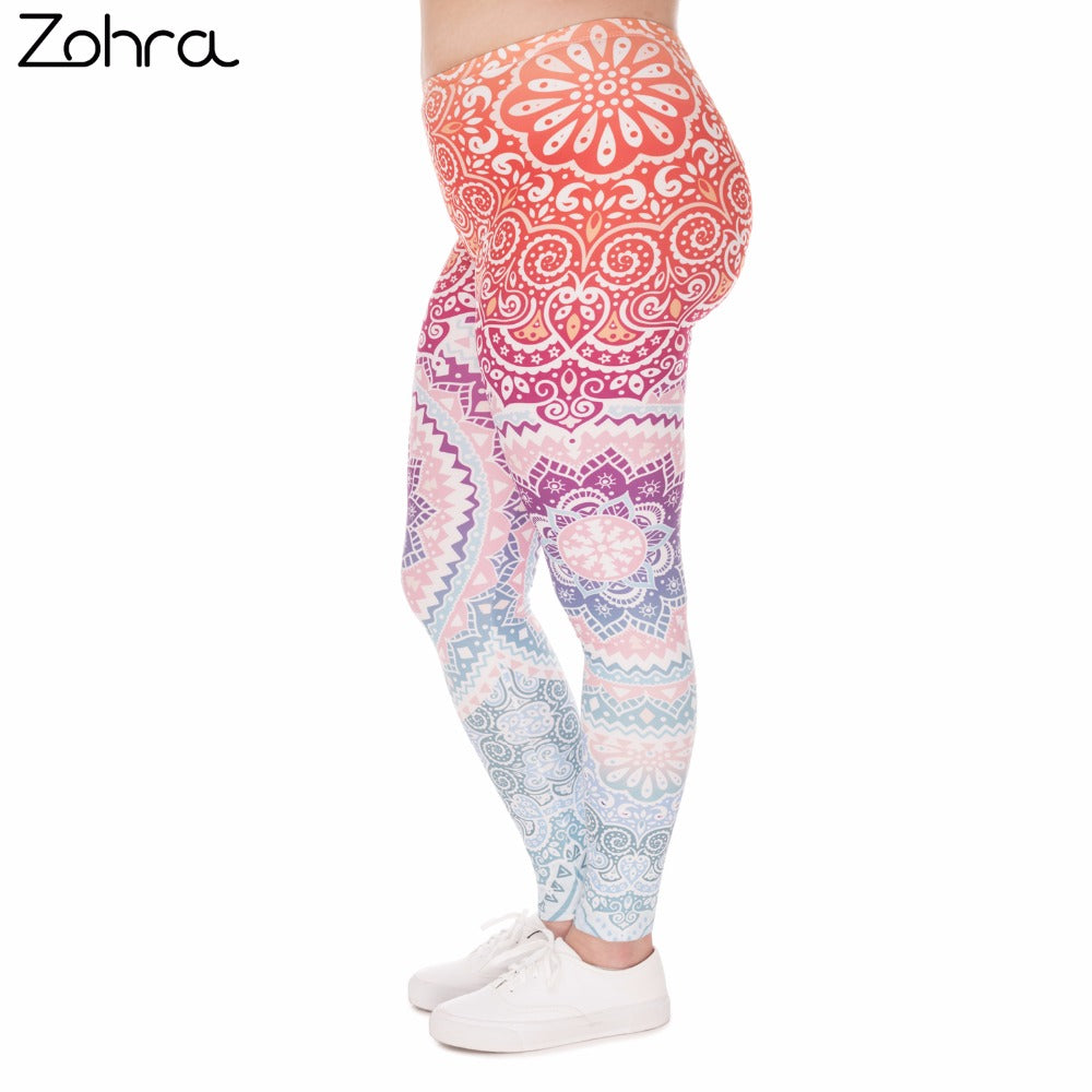 Plus Size Women Leggings Aztec Round Ombre Printing Stretch High Waist  Large Size Trousers Pants