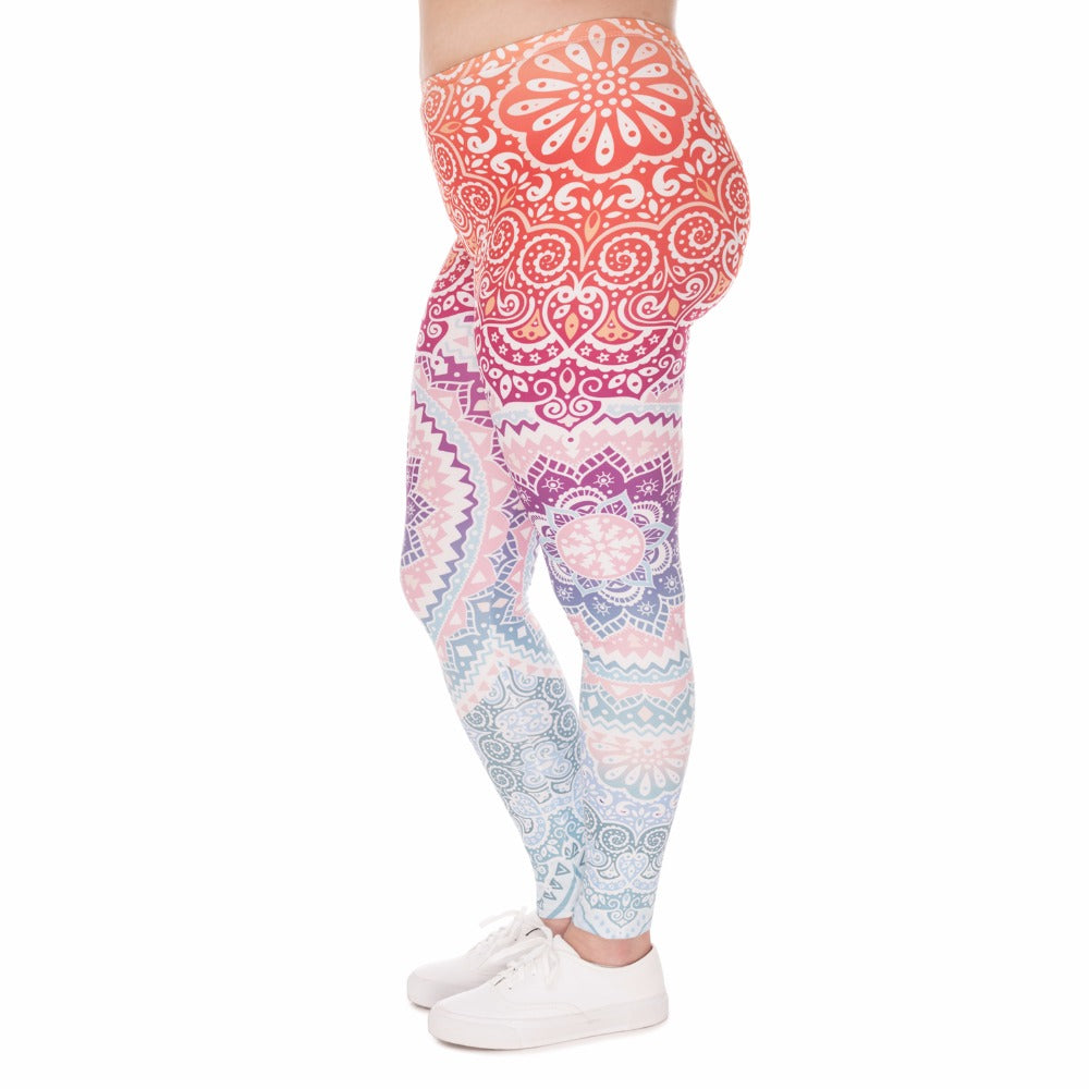 Plus Size Women Leggings Aztec Round Ombre Printing Stretch High Waist  Large Size Trousers Pants