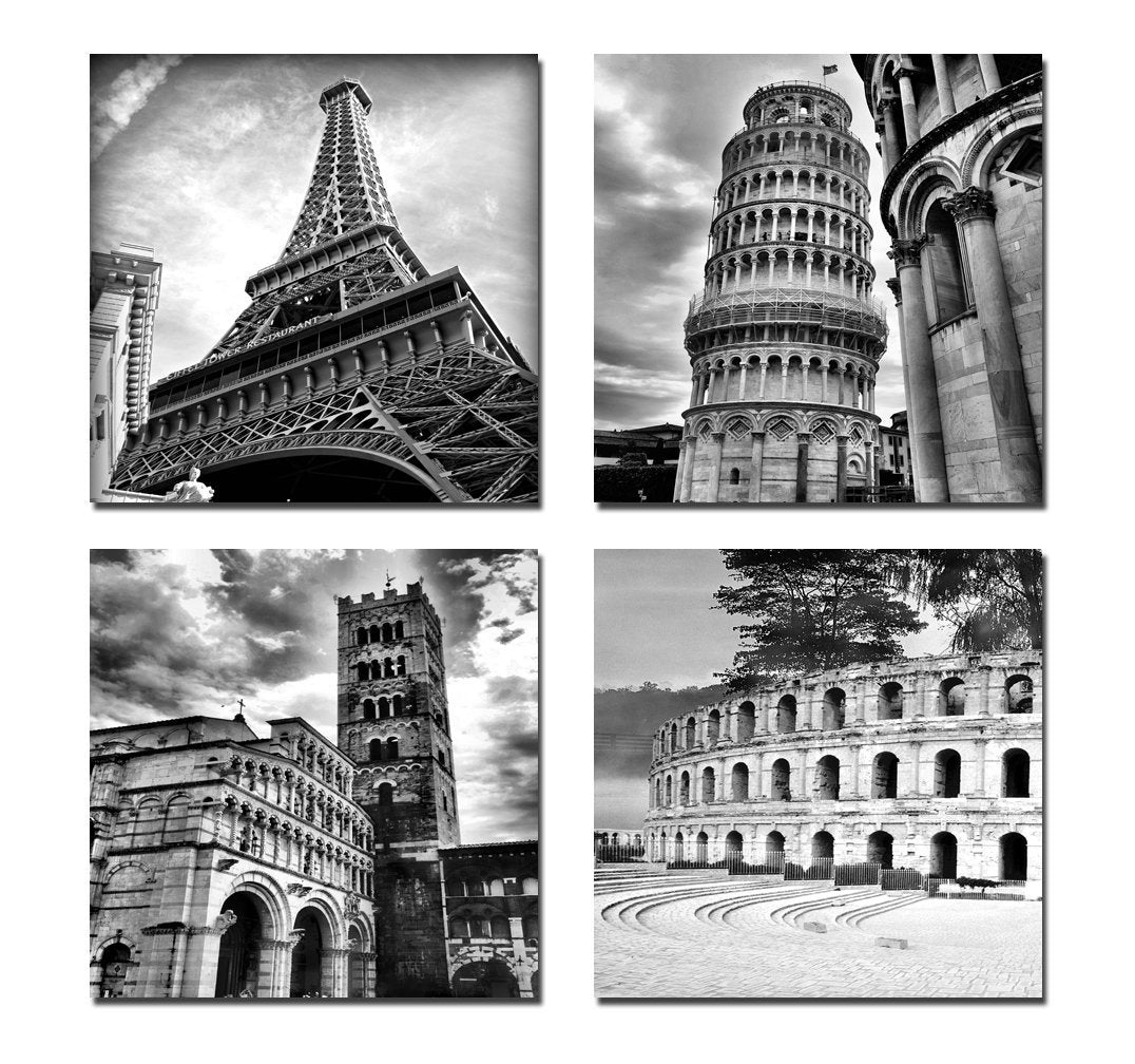 Architectures Modern 4 Panels Giclee Canvas Prints Europe Buildings Black and White Landscape  Paintings on Canvas Wall Art