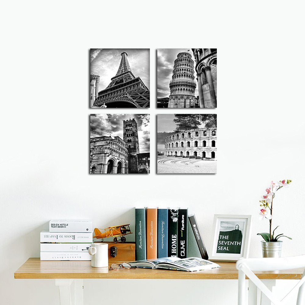 Architectures Modern 4 Panels Giclee Canvas Prints Europe Buildings Black and White Landscape  Paintings on Canvas Wall Art