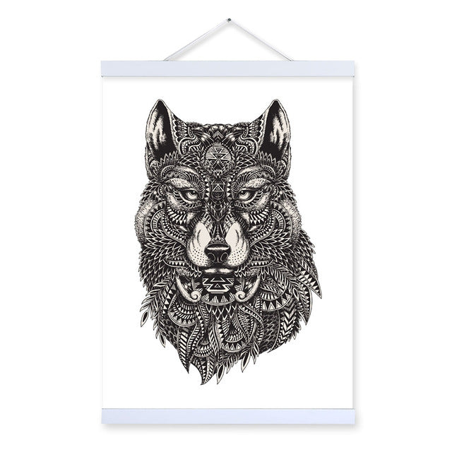 Modern Wolf Black White Animal Head Portrait Wildlife Wood Framed Canvas Painting Wall Art Print Picture Poster Hanger Home Deco