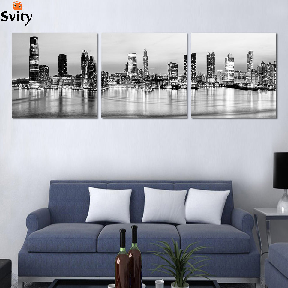 2016 3 pcs Black and white city building landscape print on canvas home decor for living room decorative picture best wholesale