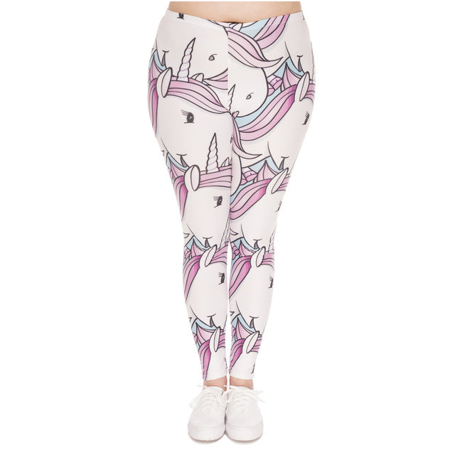 Large Size Leggings White Unicorns Printed High Waist Plus Size Pants For Plump Women