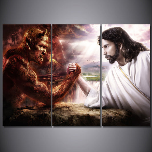 HD Printed 3 piece Jesus Christ arm wrestling with devil Painting last supper wall art canvas Free shipping/NY-5748