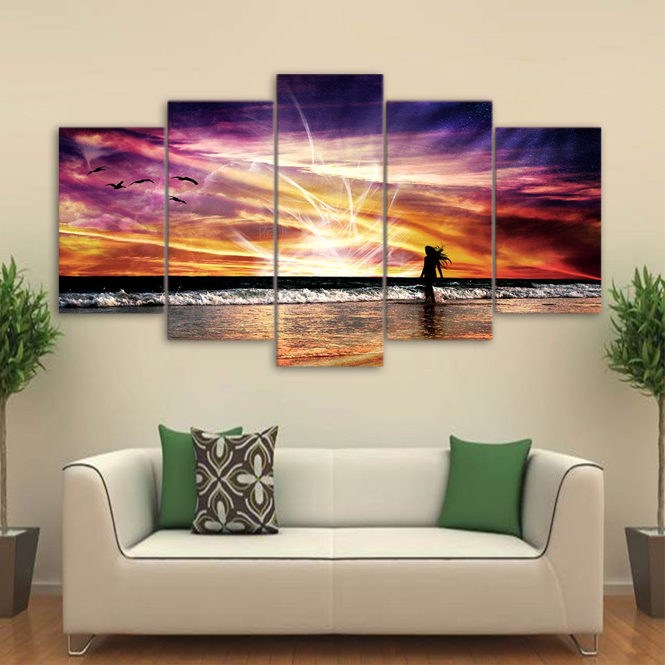 5 Piece Canvas Art Beach Rosy Clouds Canvas Painting Wall Art Canvas Posters and Prints Wall Pictures for Living Room ny-6628B