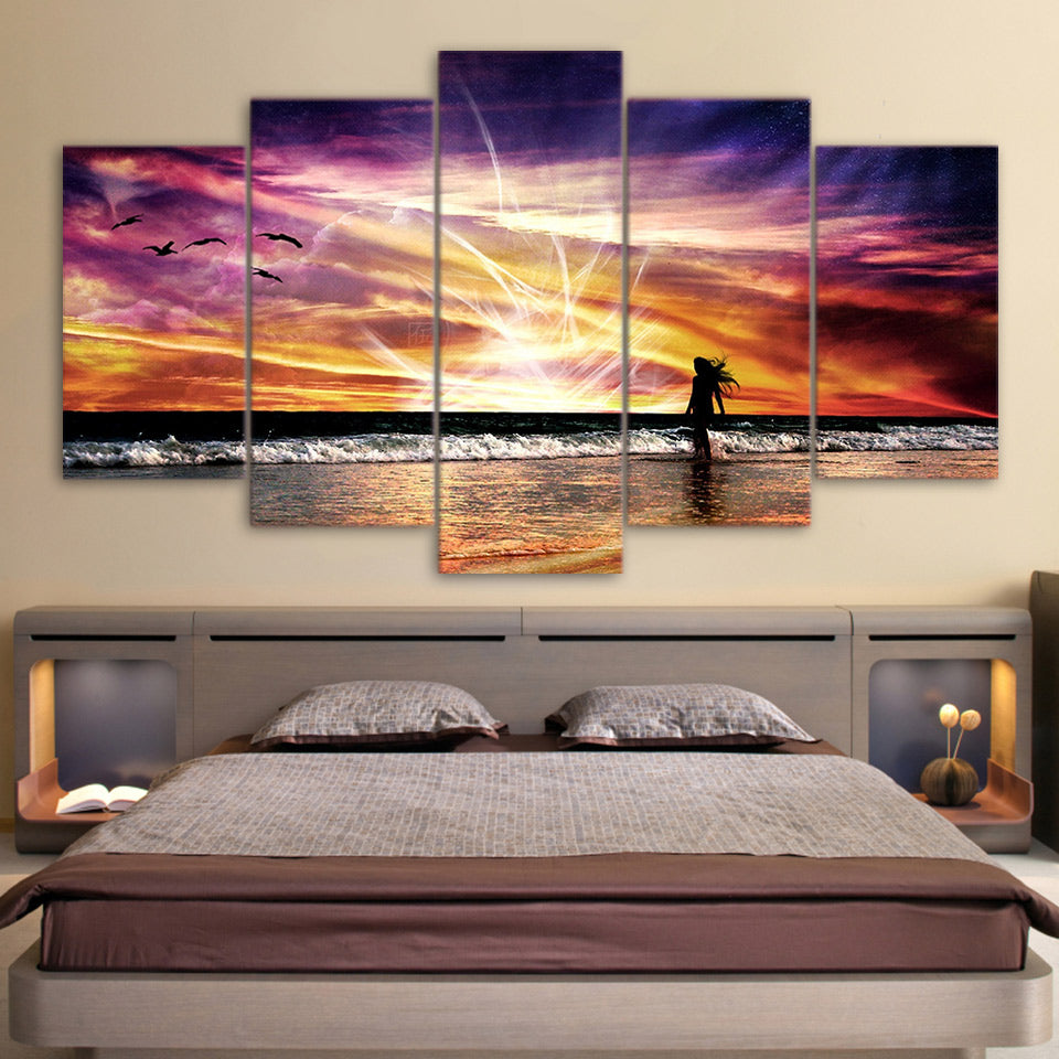 5 Piece Canvas Art Beach Rosy Clouds Canvas Painting Wall Art Canvas Posters and Prints Wall Pictures for Living Room ny-6628B