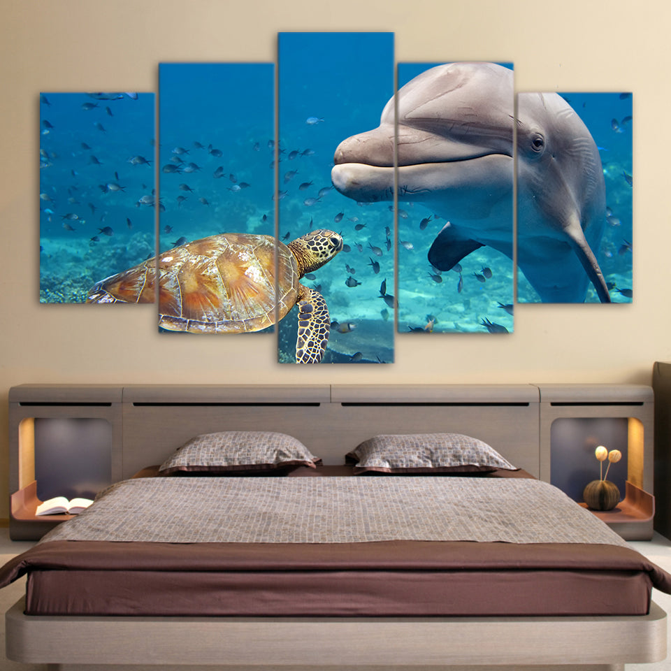 HD printed 5 piece Canvas Art Blue Deep Ocean Dolphin Fish Group Painting Wall Decorations Living Room Free Shipping CU-1537C