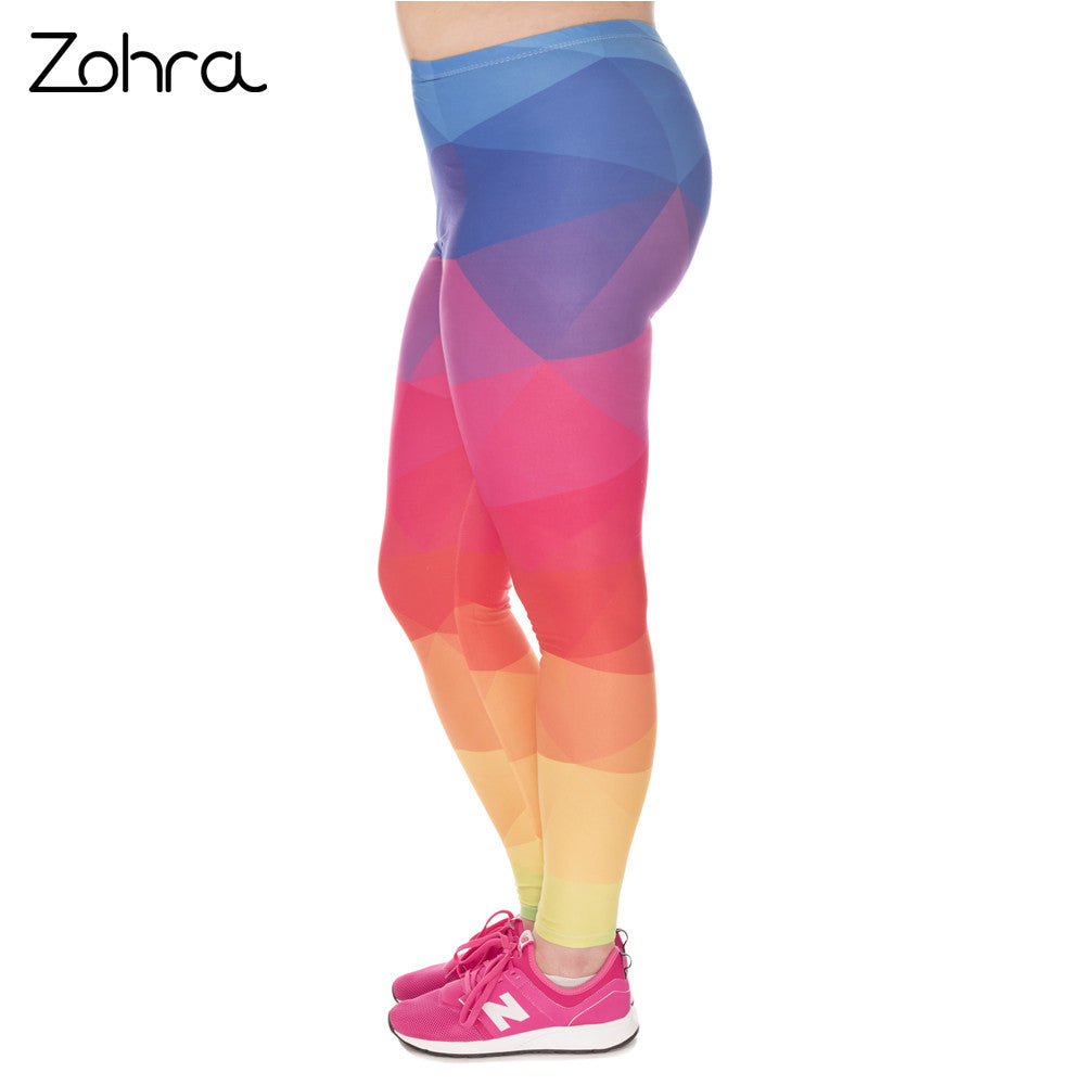 Large Size Leggings Triangles Rainbow Printed High Waist Leggins Plus Size Trousers Stretch Pants
