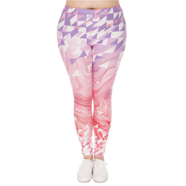 Large Size Leggings Triangles Pink Marble Printed Plus Size Trousers Stretch Pants For Plump Women