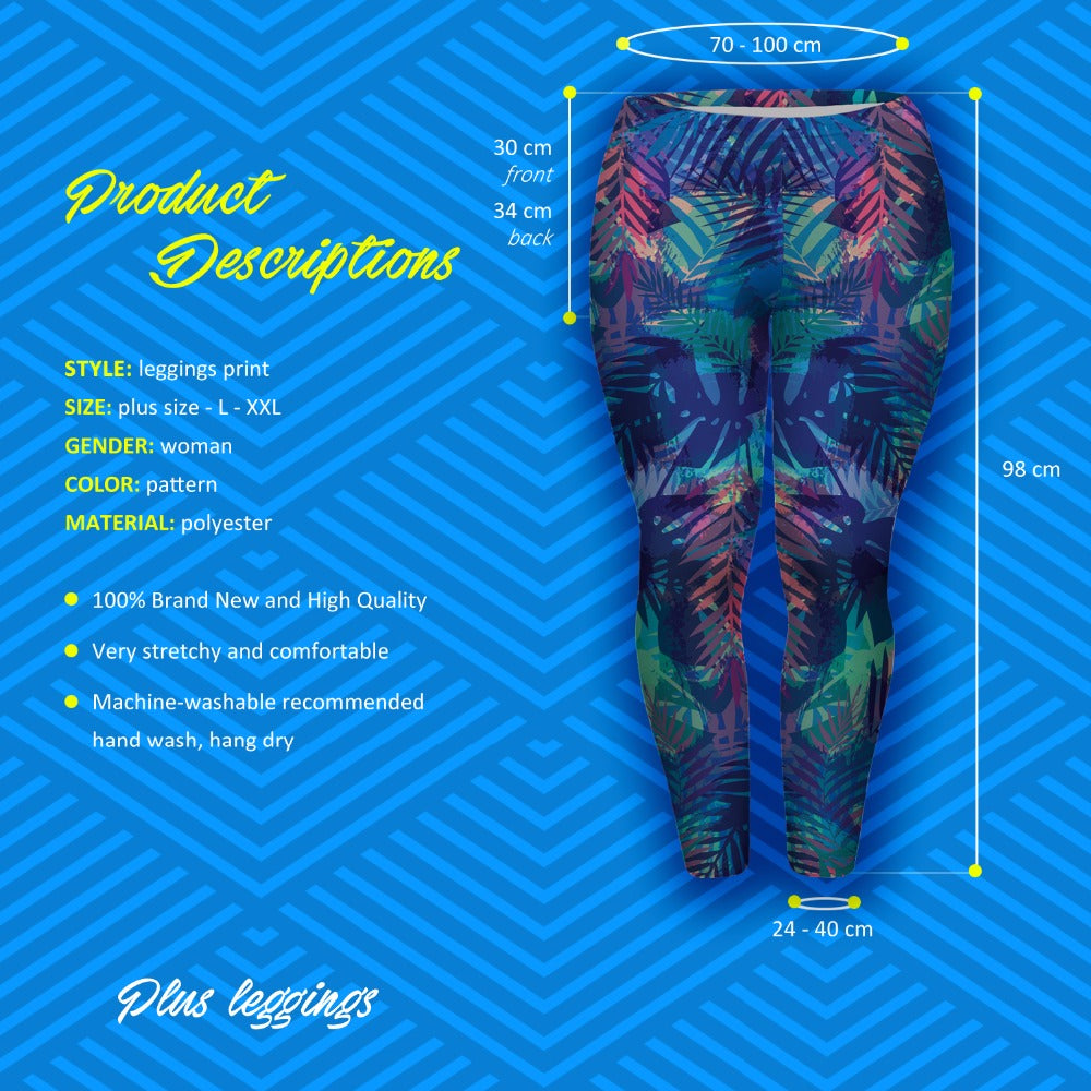 Large Size Leggings Tropical Leaves Blue Printed High Waist Leggins Plus Size Trousers Stretch Pants