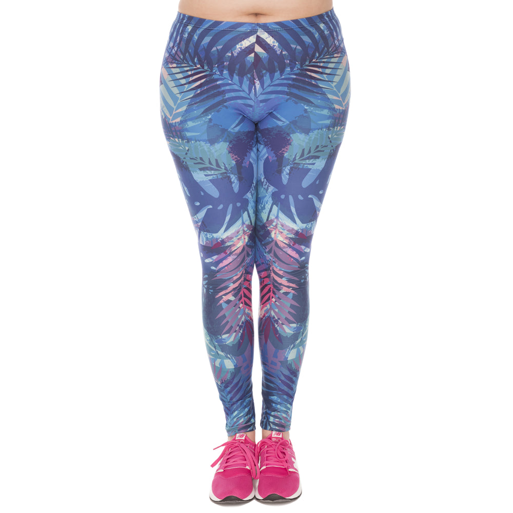 Large Size Leggings Tropical Leaves Blue Printed High Waist Leggins Plus Size Trousers Stretch Pants