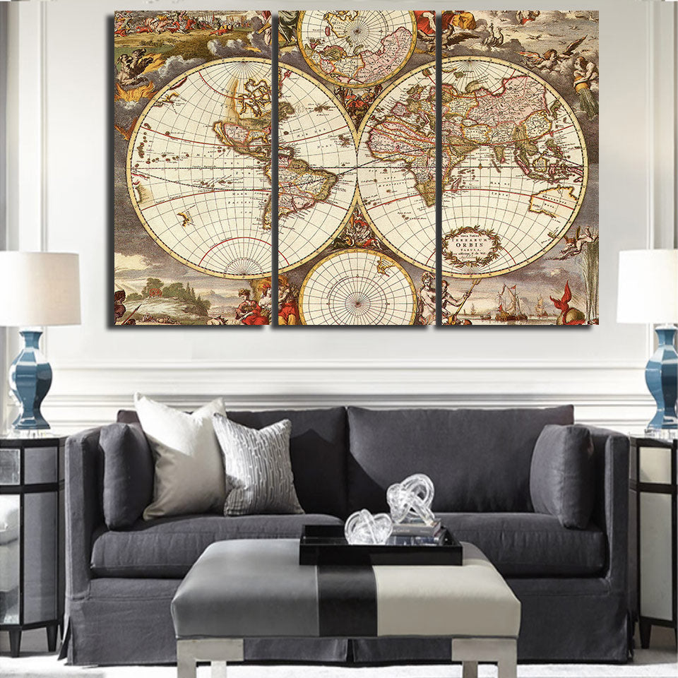 HD Printed 3 Piece Wall Art Canvas Vintage World Map Canvas Painting Home Decor Artwork Wall Pictures for Living Room ny-6242