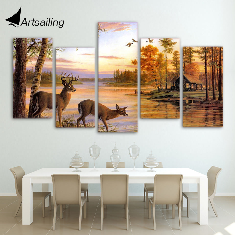 HD Printed 5 piece canvas art deer forest painting antelope to drink water framed canvas painting  Free shipping/ny-4411