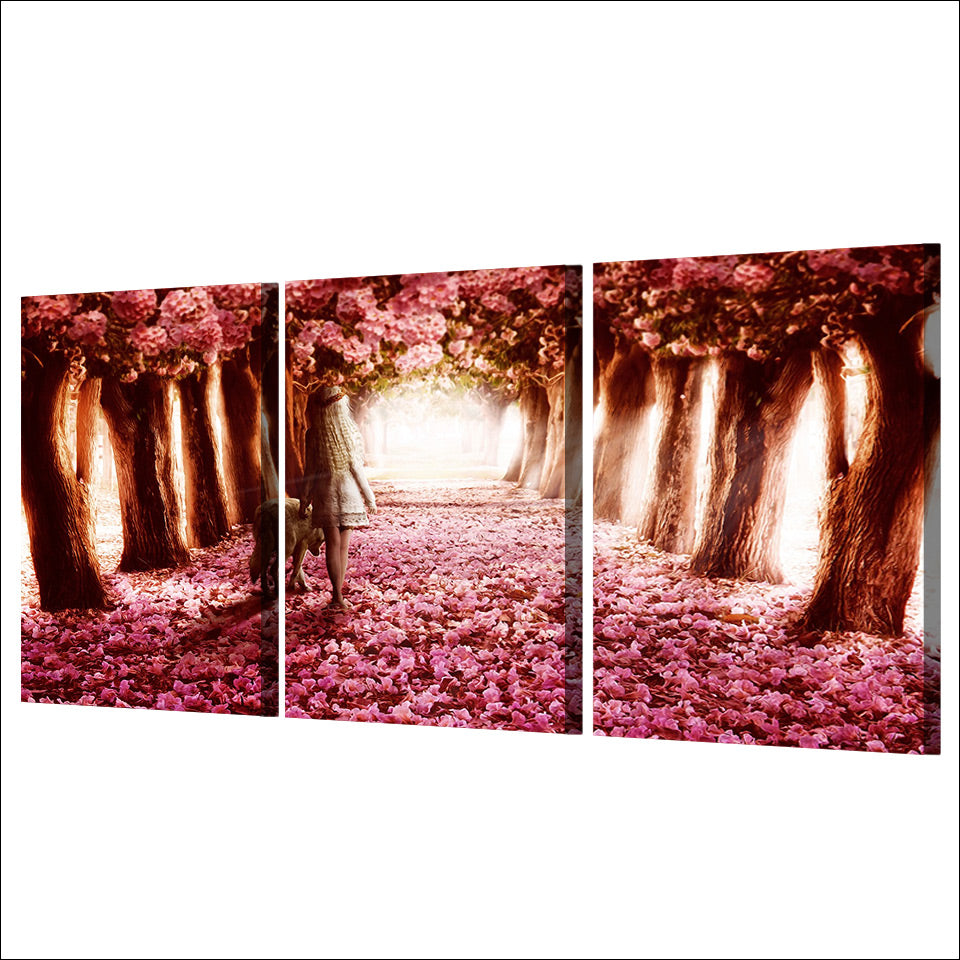 HD printed 3 Piece Cherry Blossoms Canvas Painting Pink Canvas Prints Flowers Wall Pictures for Living Free Shipping ny-6721B