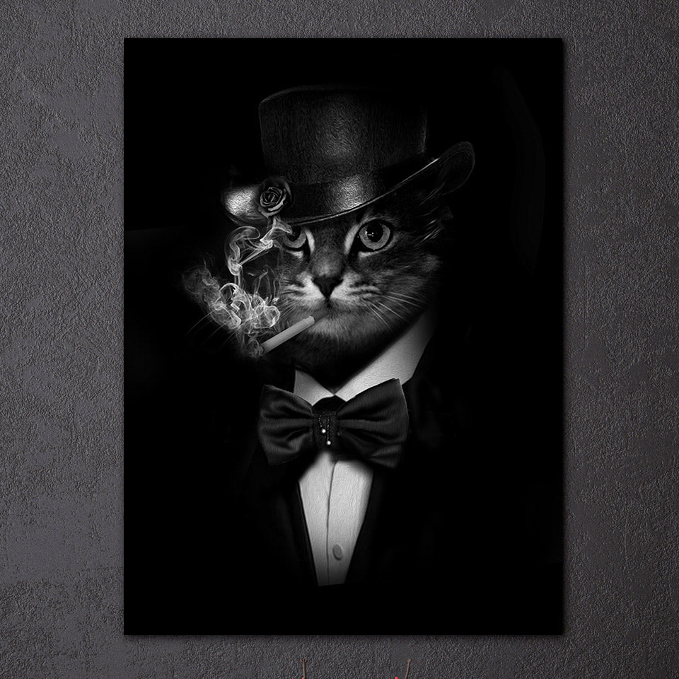 HD Printed 1 piece Canvas Art Smoking Gentleman Cat Painting Black Abstrat Wall Pictures For Living Room Free Shipping NY-6911D