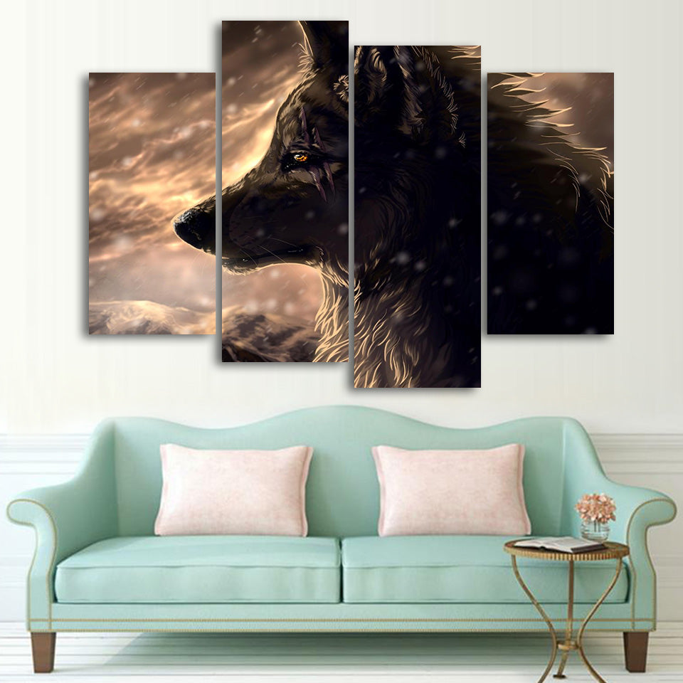 HD Printed canvas painting 4 piece black hunting wolf animal canvas prints picture posters and prints Free shipping/CU-1412B
