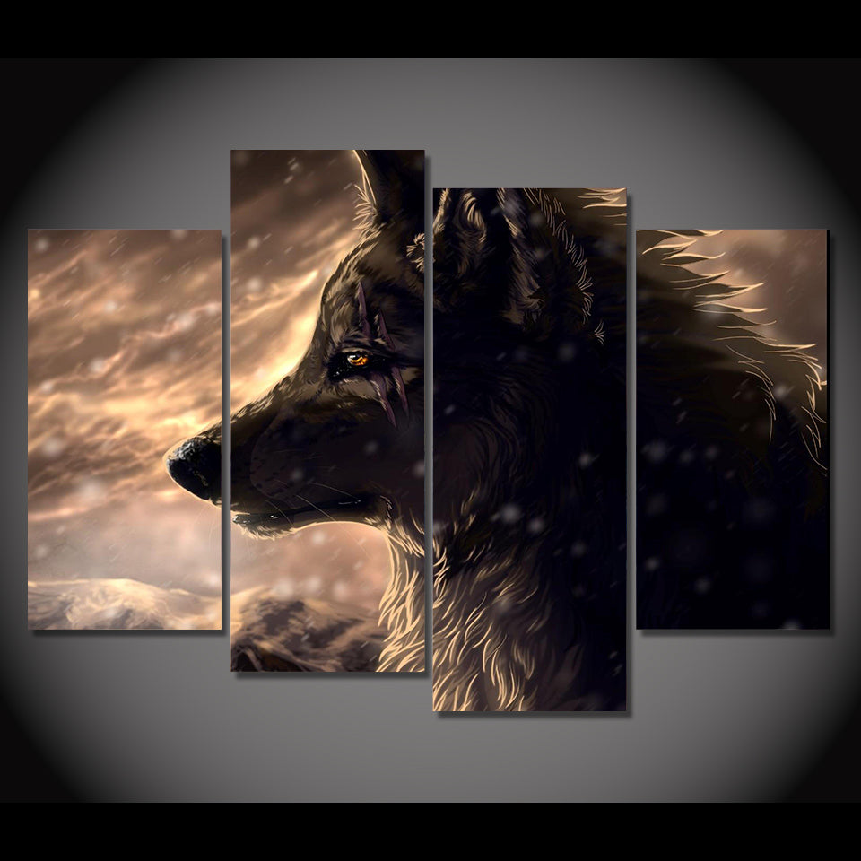 HD Printed canvas painting 4 piece black hunting wolf animal canvas prints picture posters and prints Free shipping/CU-1412B