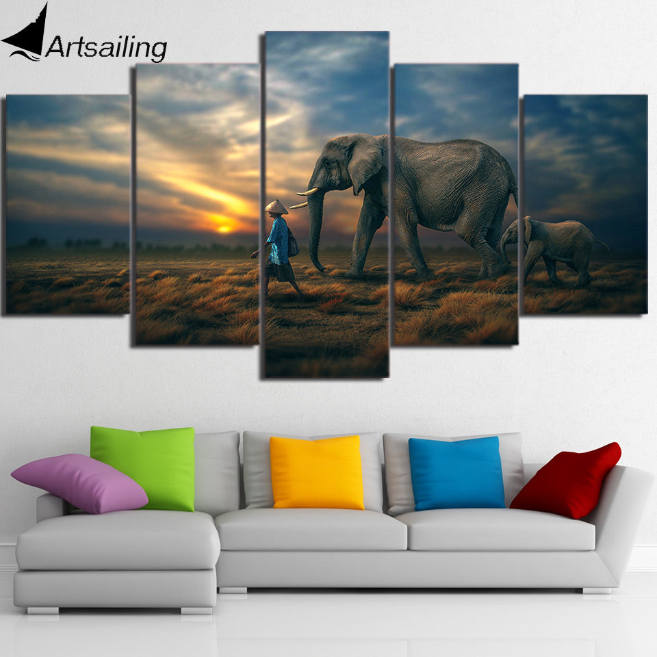 5 Piece Canvas Art Elephants Sunset HD Printed Wall Art Home Decor Canvas Painting Picture Poster Prints Free Shipping NY-6586A