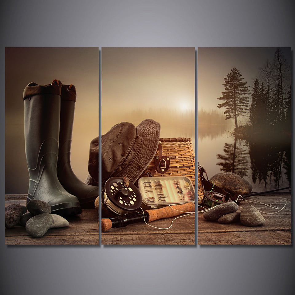 HD Printed 3 Piece Canvas Art Fishing Tools Rod Boots Wooden Board Painting Wall Pictures for Living Room Free Shipping NY-6933C