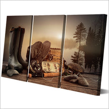 Load image into Gallery viewer, HD Printed 3 Piece Canvas Art Fishing Tools Rod Boots Wooden Board Painting Wall Pictures for Living Room Free Shipping NY-6933C

