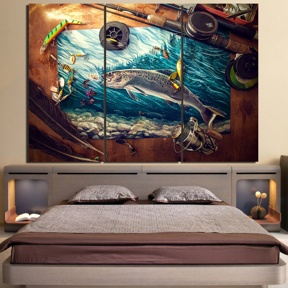 HD Printed 3 Piece Canvas Art Fishing Rod Tuna Blue Ocean Painting Wall Pictures for Living Room Modern Free Shipping NY-6932C