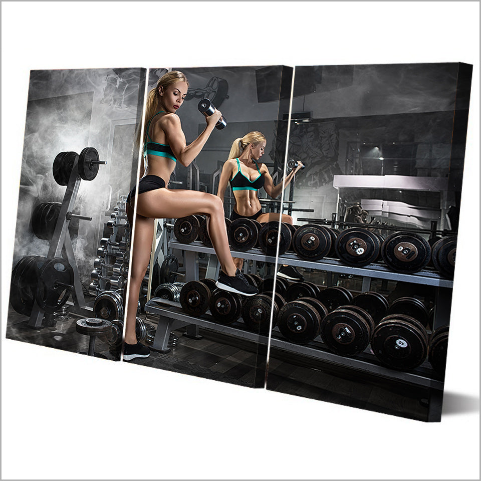HD Printed 3 Piece Canvas Art Dumbbells Fitness Painting Bodybuilding Hot Sexy Open Photos Wall Pictures Free Shipping NY-6945C