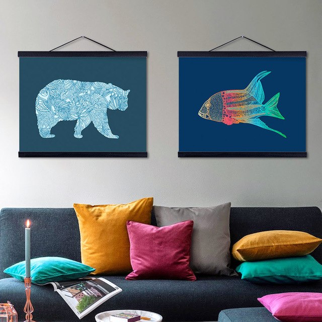 Abstract Watercolor Animals Bear Goldfish Wooden Framed Canvas Paintings Modern Retro Home Decor Wall Art Print Pictures Poster