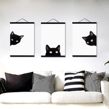 Load image into Gallery viewer, 3 Panel Watercolor Black Cat Wooden Framed Canvas Painting Nordic Girl Room Home Decor Big Scroll Wall Art Picture Poster Hanger
