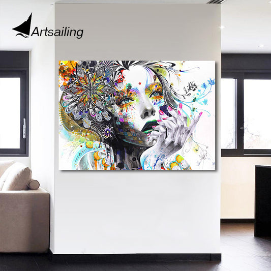 HD printed 1 piece canvas art girl with artwork flower painting wall pictures for living room modern free shipping/CU-1530C