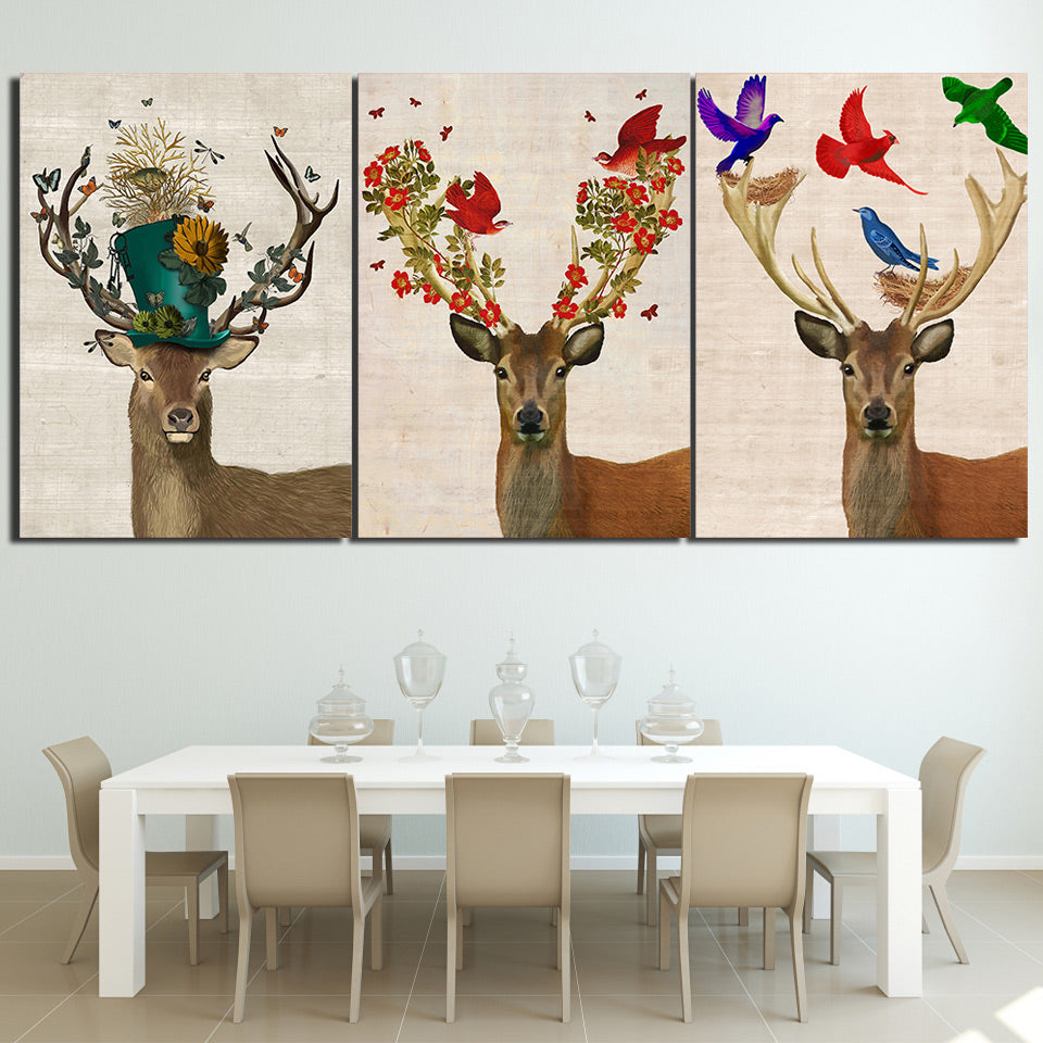 HD printed 3 Piece Deer Elk Color Birds Forest Nordic Canvas Wall Art Pictures for Living Room Posters Free shipping ny-6757D