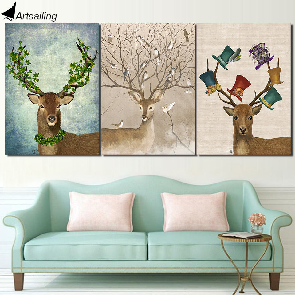 HD printed 3 piece Deer Birds Forest Nordic Canvas Wall Art Pictures for Living Room Posters and Prints Free shipping/ny-6758D
