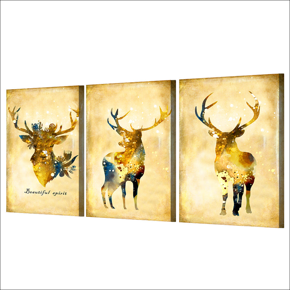 HD printed 3 Piece Golden Deer Elk animal Wall Art Paintings for Living Room Wall Posters and Prints Free Shipping ny-6751D