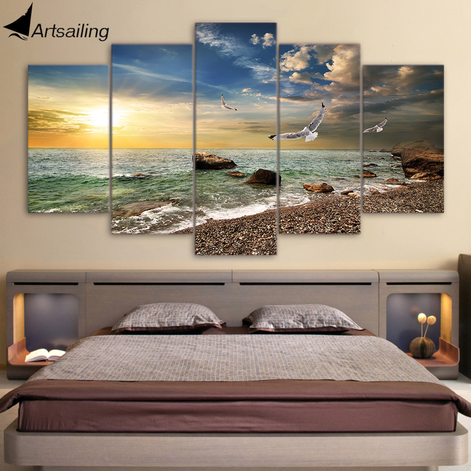 HD printed 5 piece beach pictures canvas painting sunset seagull living room wall decor free shipping ny-6523