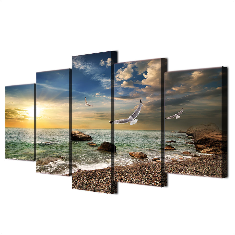 HD printed 5 piece beach pictures canvas painting sunset seagull living room wall decor free shipping ny-6523