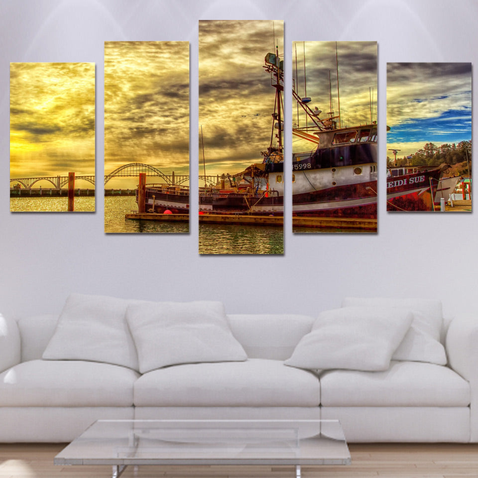 HD Printed 5 piece Canvas Art Sunset Boat Seascape Painting Canvas living room decor posters and prints Free shipping/ny-6033