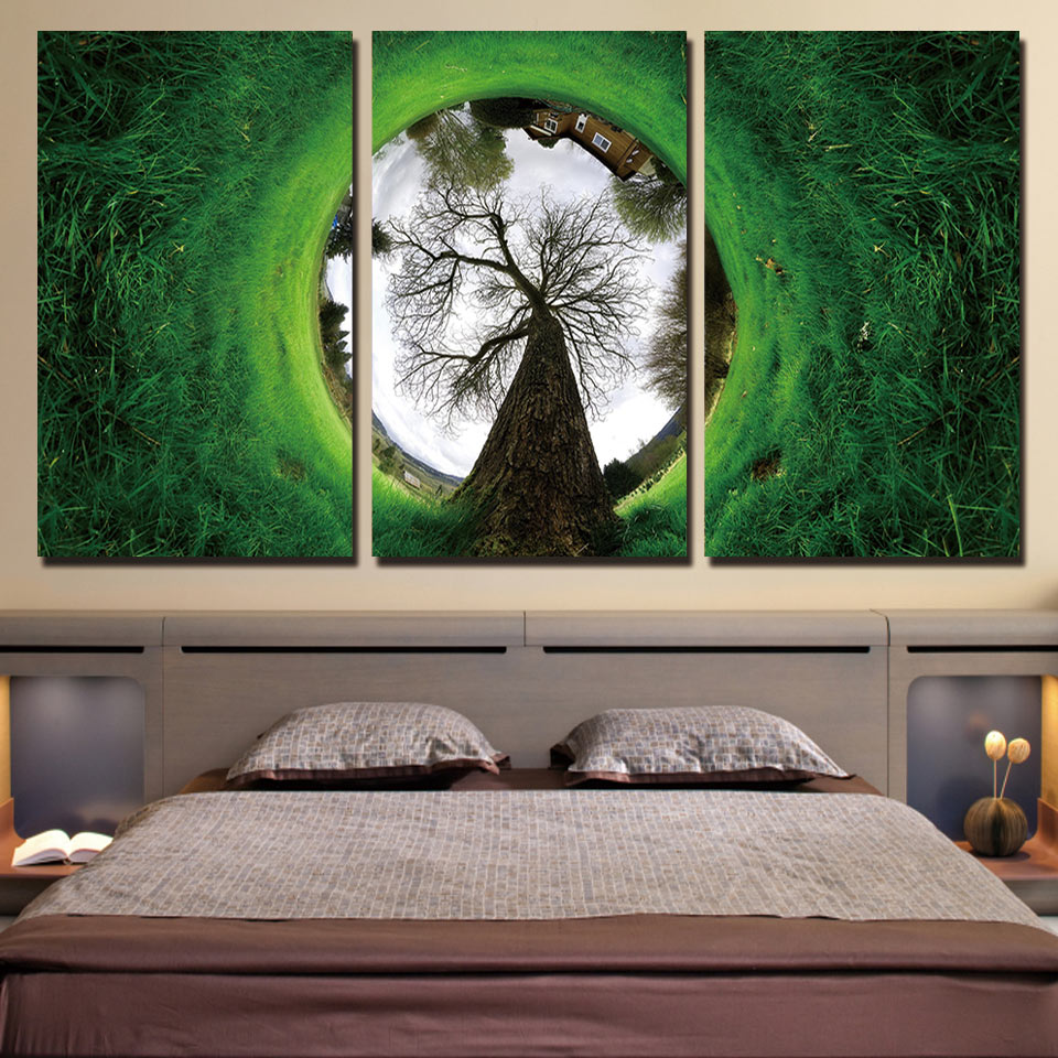 HD printed 3 piece canvas art green grass landscape house abstract Painting wall painting with frame set Free shipping ny-6550