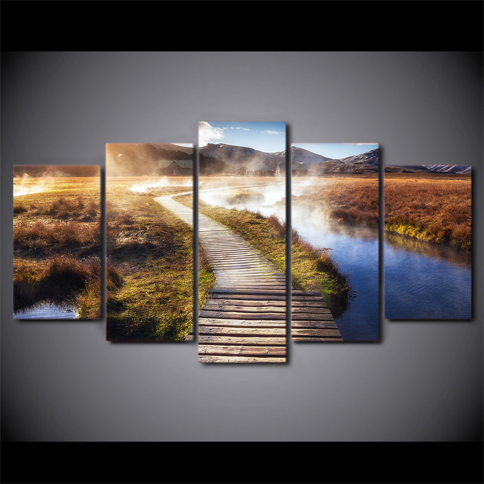 HD printed 5 piece canvas art Psychedelic Landscape wooden Bridge Painting wall pictures for living room free shipping ny-6740B
