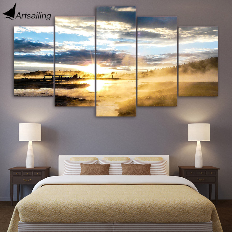 HD printed 5 piece canvas art sunshine landscape Painting Posters Artwork living room decor panel framed free shipping ny-6539