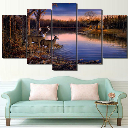 HD Printed 5 Piece Canvas Art Deer Lake Landscape Sunset Painting Nature Wall Pictures for Living Room Free Shipping NY-6770A