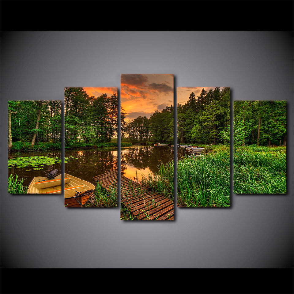 5 piece art canvas painting room decoration HD Printed boat dock forest sunset tree pond poster picture Free shipping/ny-6077