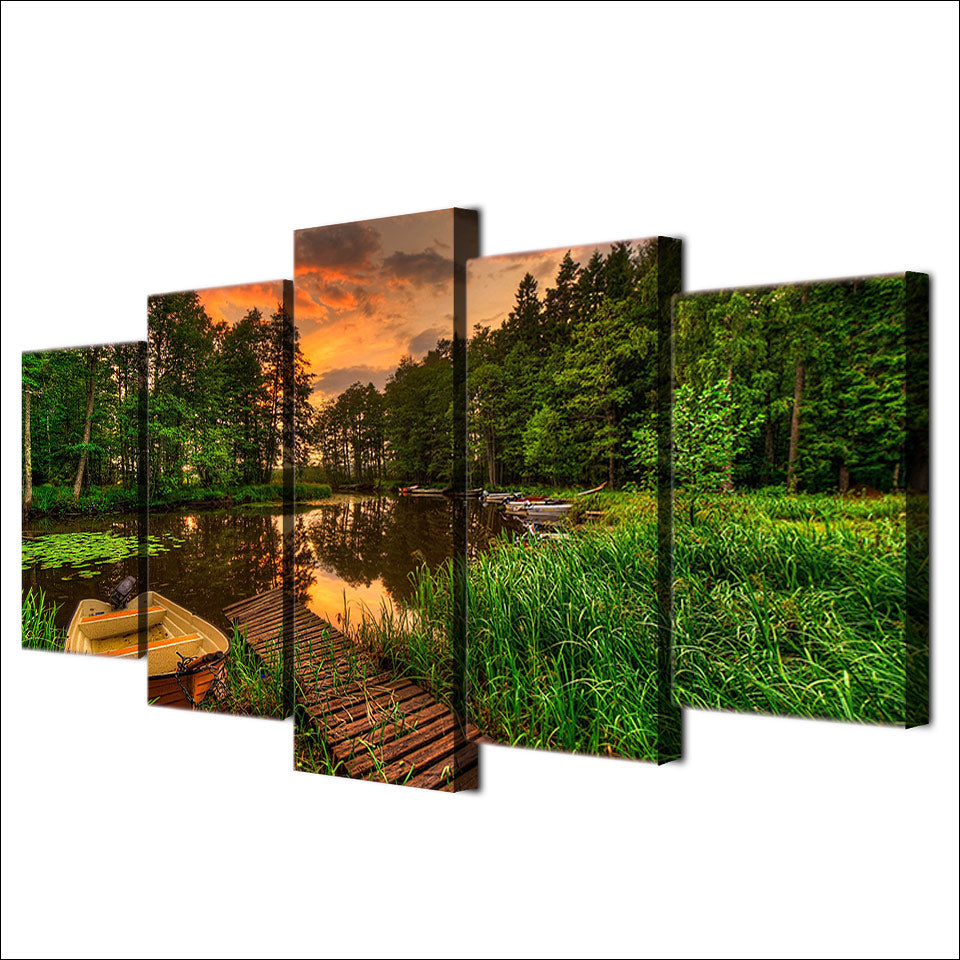 5 piece art canvas painting room decoration HD Printed boat dock forest sunset tree pond poster picture Free shipping/ny-6077