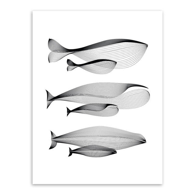 Nordic Minimalist Animals Whales Family A4 Poster Prints Black Modern Abstract Wall Art Picture Home Decor Canvas Painting Gifts