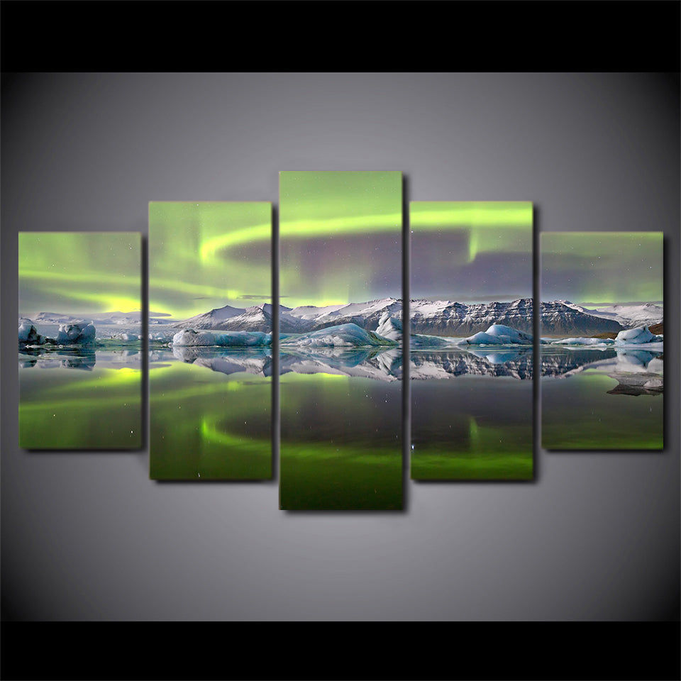 HD printed 5 Piece Canvas Art Psychedelic Aurora Lake Ice Mountain painting Posters and Prints Home Decor Free Shipping ny-6795C