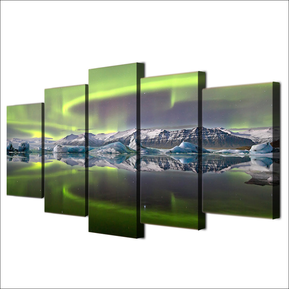 HD printed 5 Piece Canvas Art Psychedelic Aurora Lake Ice Mountain painting Posters and Prints Home Decor Free Shipping ny-6795C