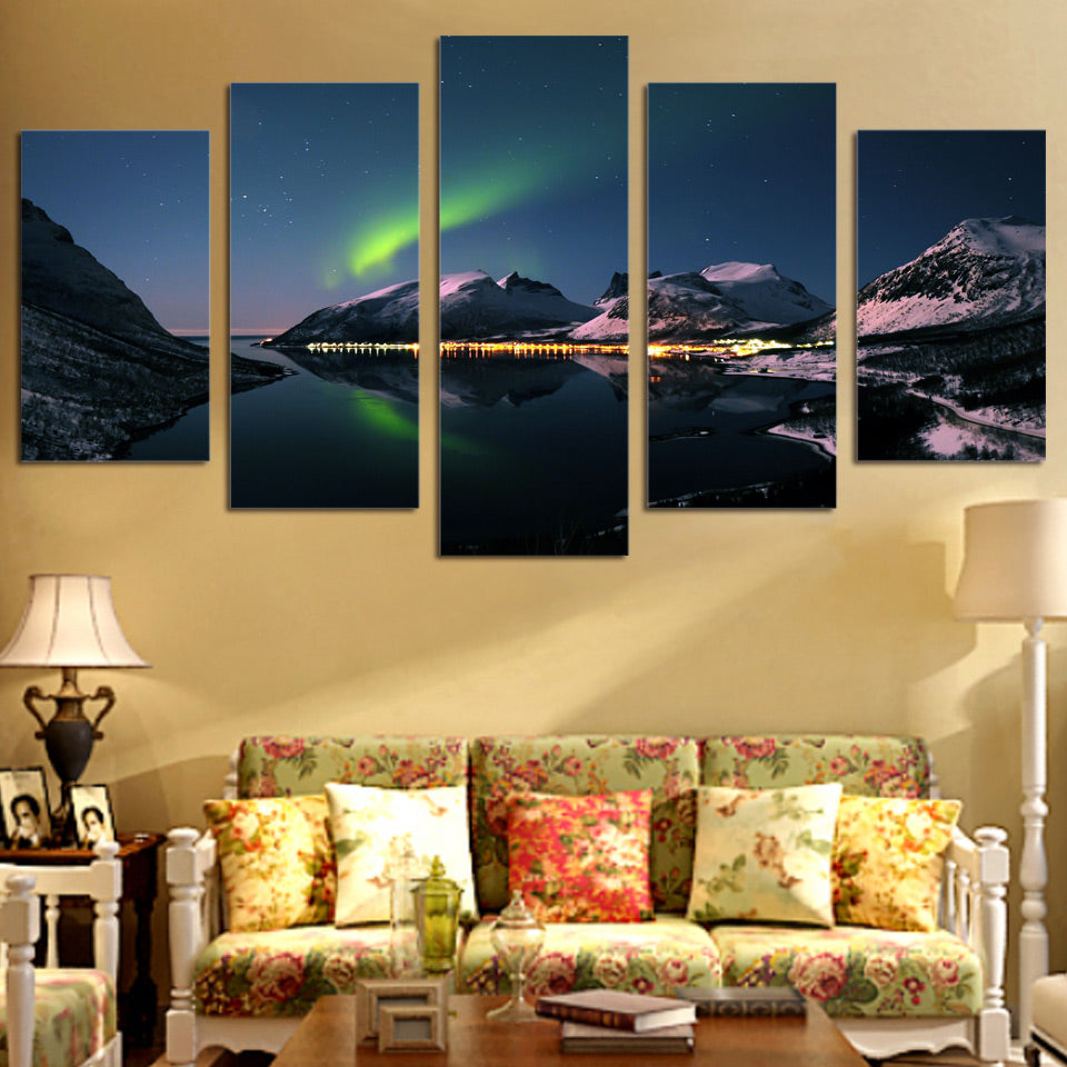 5 piece wall art canvas oil painting Printed dazzling aurora mountain lake light for room decoration picture poster/ny-5996