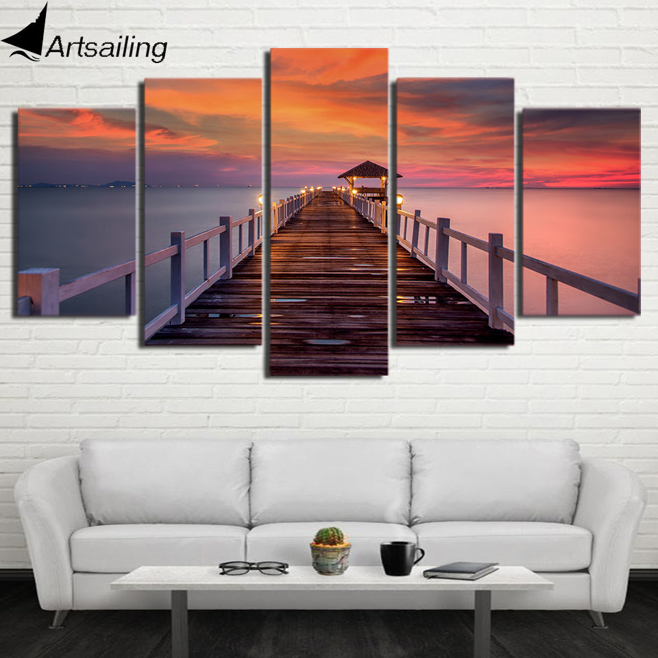 HD Printed 5 Piece Canvas Art Sea Wooden Walkway bridge sunset Painting Wall Pictures for Living Room  NY-6803A